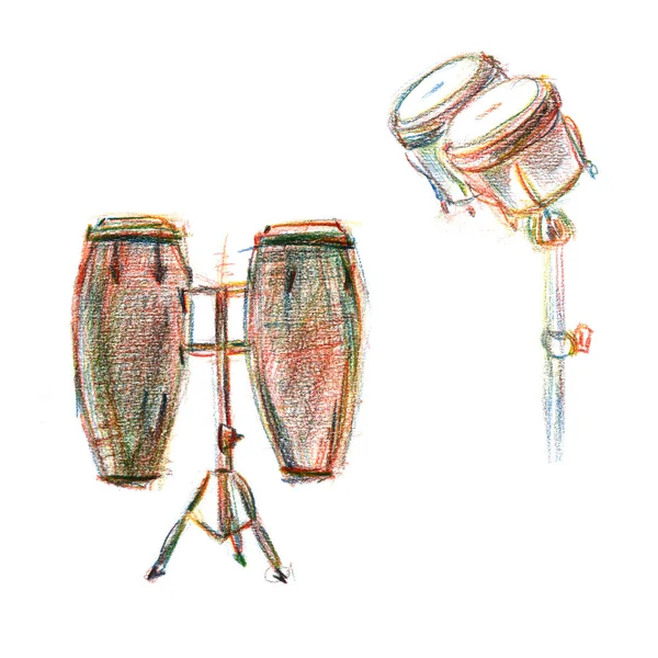 Trummor olika slagverk musiker spela conga Bongos jembe tabla - frihandsritade illustration färgade pennor — Stockfoto