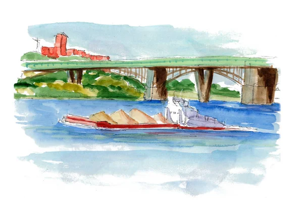 Современная грузовая баржа с песчаными грузами плавает вверх по реке под мостом - ручная акварельная иллюстрация — стоковое фото
