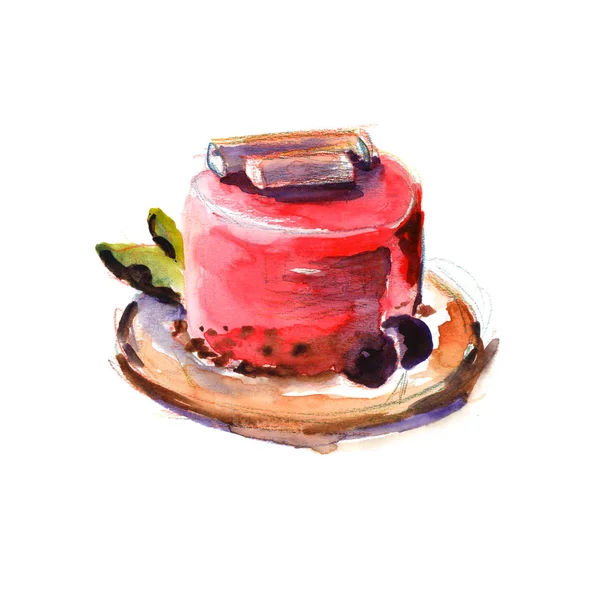 Kis torta brownie rózsaszín piros elegáns gyönyörű jegesedés dekoráció csipke menta levelek csokoládé keksz francia recept - kézzel rajzolt akvarell illusztráció — Stock Fotó