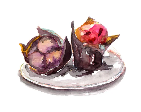 Két csokis sütemény muffin bogyós töltelékkel egy fehér tányéron - kézzel rajzolt illusztráció akvarellel és színes ceruzákkal — Stock Fotó