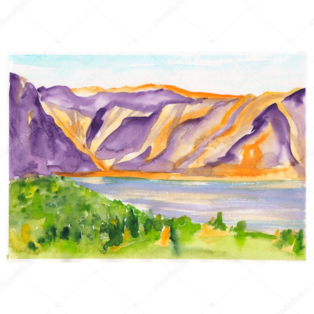 Landscape steep high mountain sea river golden autumn orange yellow larch - freehand watercolor illustration