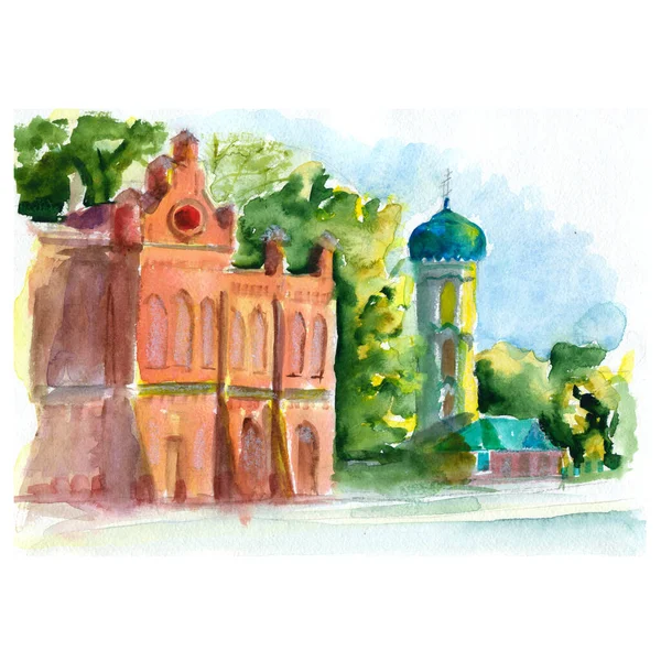 Ancient buildings Vintage retro arch window pillars: Biysk city - freehand watercolor illustration — Stock Photo, Image