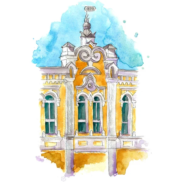 Ancient buildings Vintage retro arch window pillars: Biysk city - freehand watercolor illustration — Stock Photo, Image