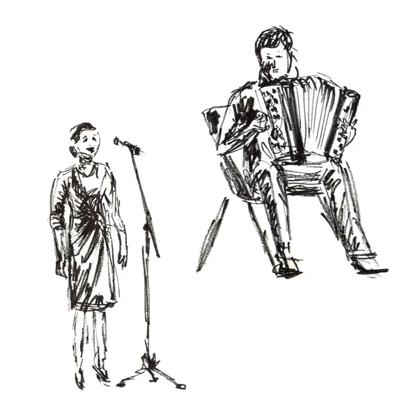 Ilustração de esboço rápida de músicos de jogo - cantor em frente a um microfone e um ator que toca o acordeão de botão — Fotografia de Stock