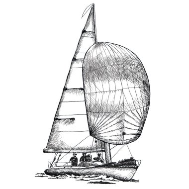 Gemi yelkenlisi yat antika antika antika siyah mürekkep el çizimi
