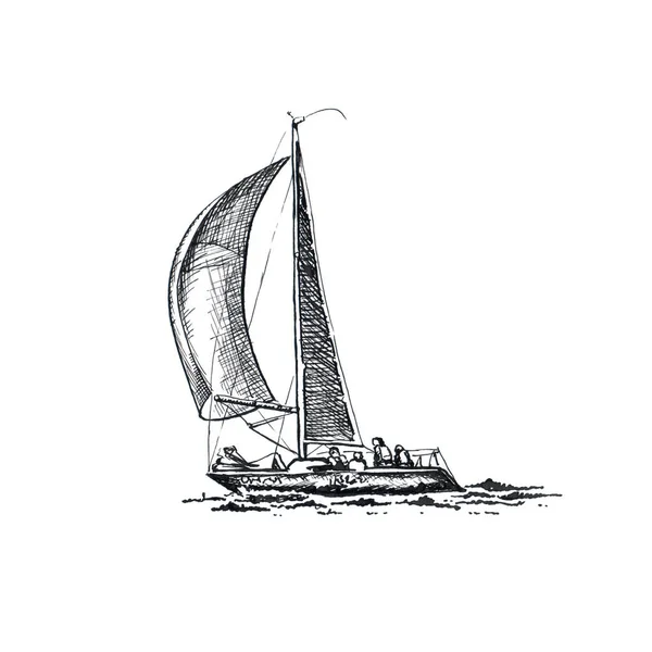 Hajó vitorlás jacht hajó antik évjárat antik fekete tinta rajz illusztráció — Stock Fotó