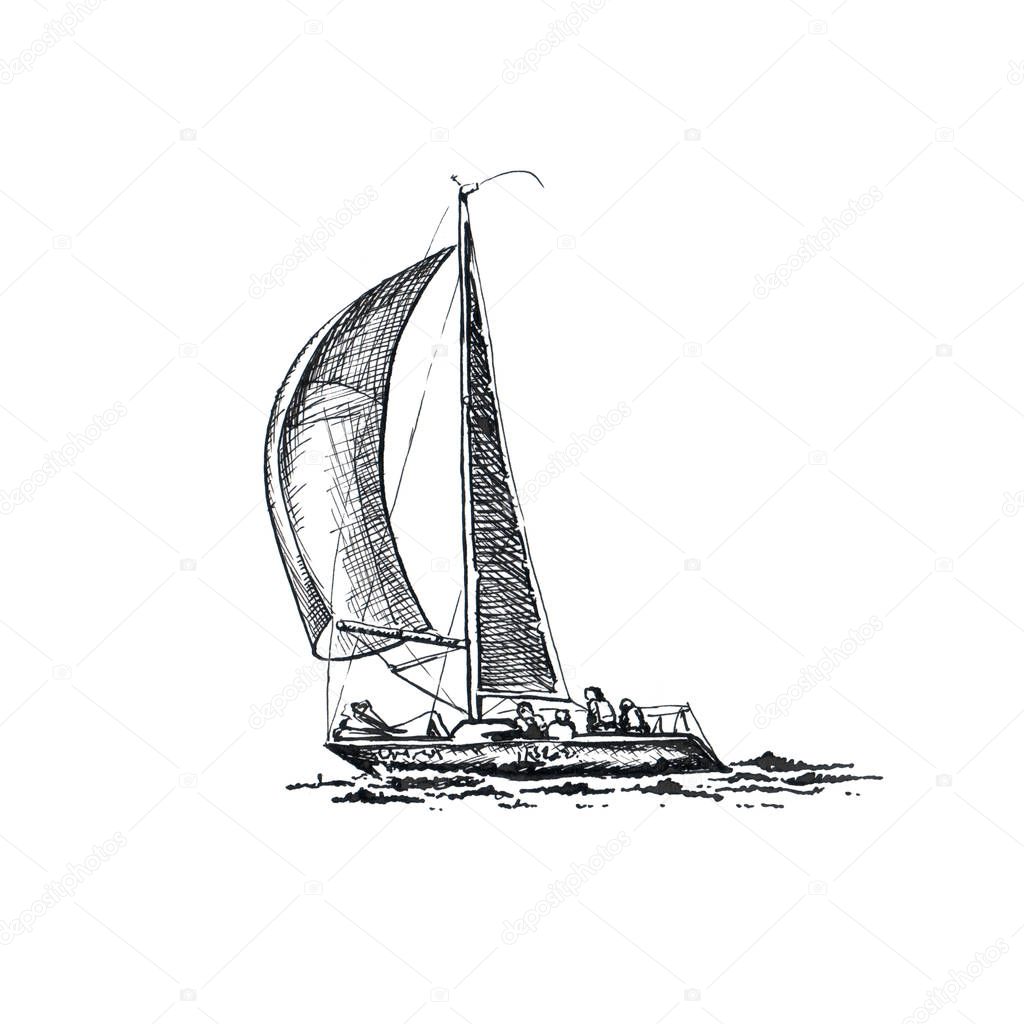 Ship sailing yacht boat antique vintage antique black ink hand drawing illustration