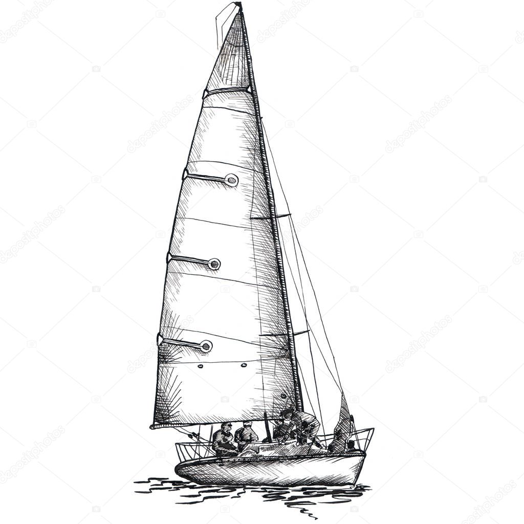 Ship sailing yacht boat antique vintage antique black ink hand drawing illustration