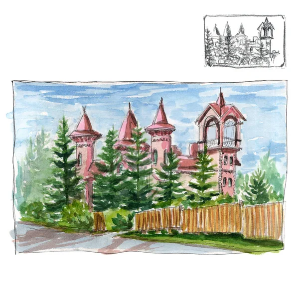 A cozy brick house looks like a castle, with turrets, arches, an observation deck with tall fir trees around it - watercolor illustration — Stock Photo, Image