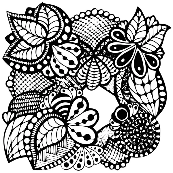 Örümcek otu çiçek yaprağı süslemeli fantezi danteli siyah-beyaz - el çizimi vektör çizimi — Stok Vektör