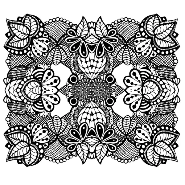 Encaje de fantasía con adorno de hoja de flor de araña blanco y negro ilustración vectorial dibujada a mano — Vector de stock