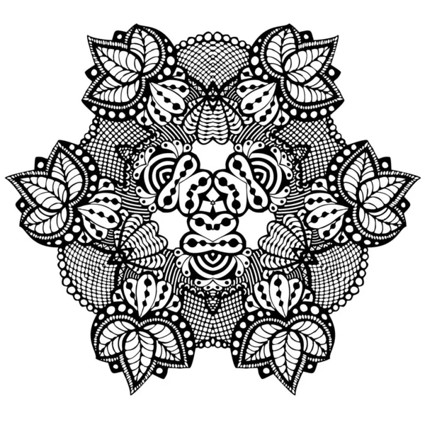검은 색 과 흰색 손으로 그린 벡터 일러스트와 스피더 위드 꽃 잎 장식으로 장식된 판타지 레이스 — 스톡 벡터
