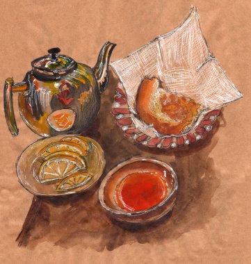 Doğulu natürmort çayı limonlu ve Asya usulü tandoor ekmekli kek - el yapımı suluboya resimli el yapımı kağıt.