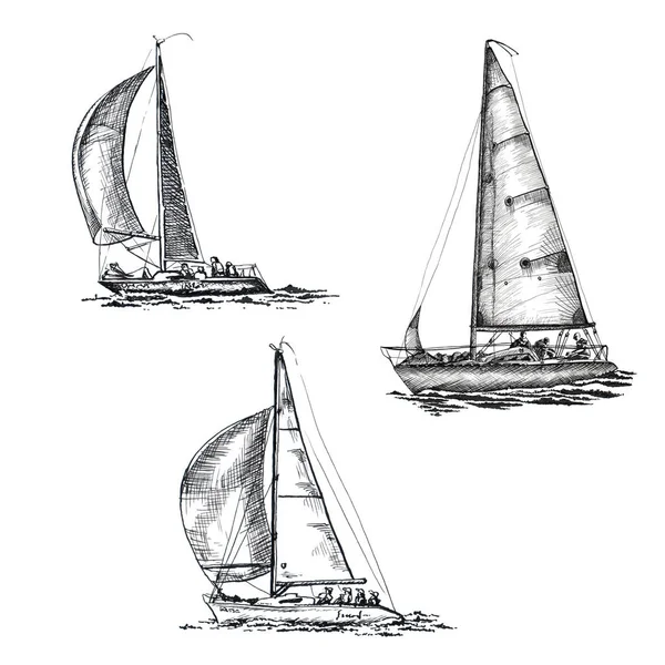 Set Ship sailing yacht boat antique vintage antique black ink hand drawing illustration — ストック写真