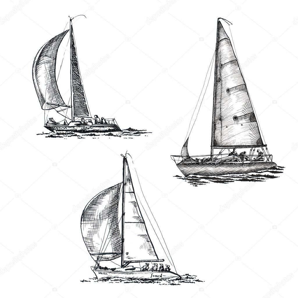 Set Ship sailing yacht boat antique vintage antique black ink hand drawing illustration