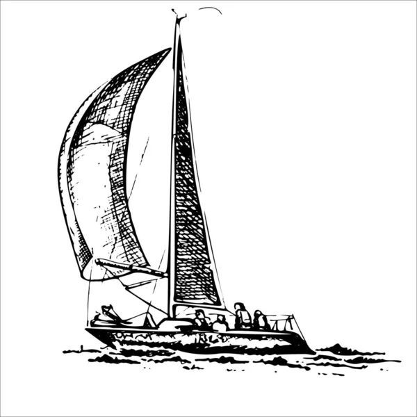 Navio veleiro iate antiguidade vintage tinta preta mão desenho vetor ilustração — Vetor de Stock