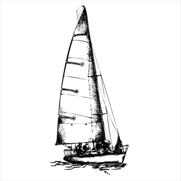 Schip zeiljacht boot antieke vintage antieke zwarte inkt hand tekening vector illustratie — Stockvector