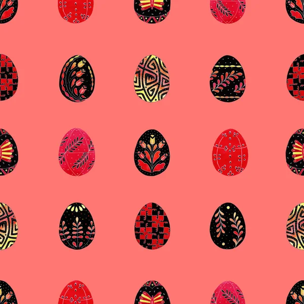 Бесшовный пасхальный узор черные яйца окрашены красивыми радужными украшениями растений - свободная акварель иллюстрации — стоковое фото