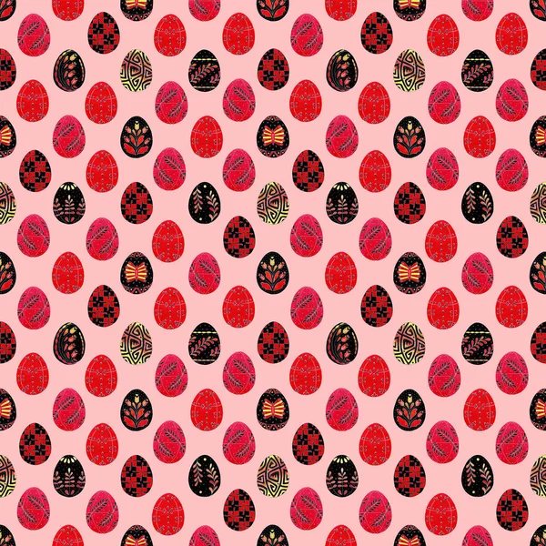 Padrão de Páscoa sem costura ovos pretos pintados com belos ornamentos de plantas arco-íris - ilustração aquarela à mão livre — Fotografia de Stock