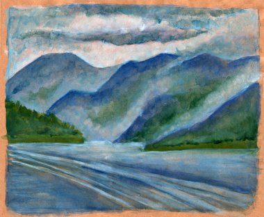 Yüksek dağların arasındaki altın mavi göl: manzara - elle çizilmiş suluboya çizimi