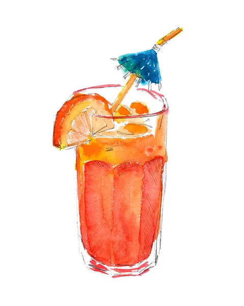 Cocktail de plage ensoleillé et lumineux dans un grand verre avec un parapluie et une tranche d'orange - illustration aquarelle dessinée à la main — Photo