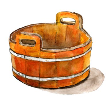 Su ve sauna için ahşap yuvarlak küvet - elle çizilmiş suluboya çizimi