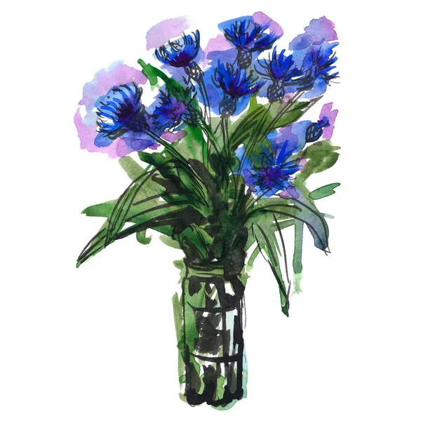 Csokor kék szúrós virágok egy üveg váza - kézzel rajzolt akvarell tinta illusztráció — Stock Fotó
