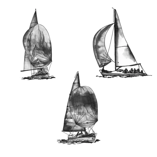 Set barco yate de vela antiguo vintage tinta negra antigua mano dibujo ilustración — Foto de Stock