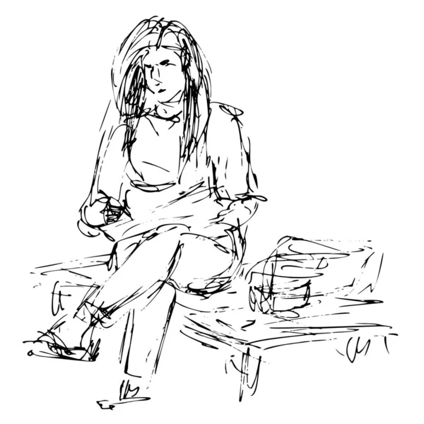 Ressam oturan bir kadın çizer - çizim el çizimi vektör çizimi çizimi çizer.
