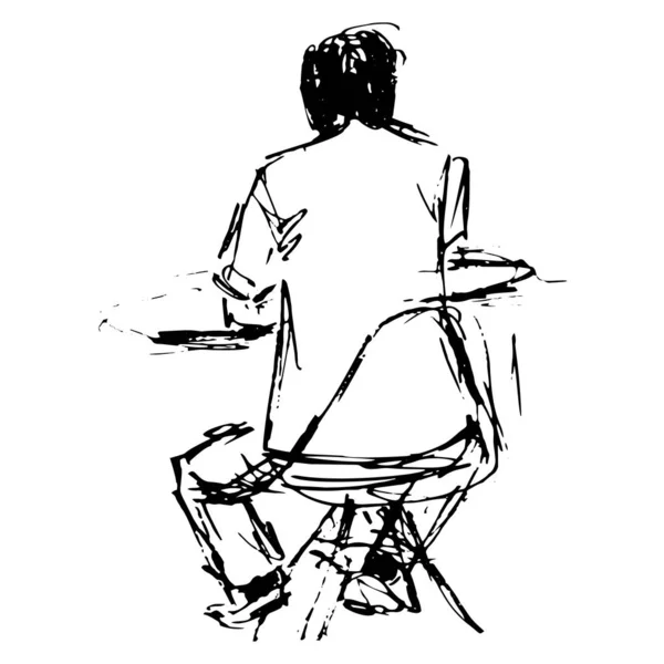 Lineáris vázlatok az emberek ül pihenő egy kávézó asztal - vektor illusztráció férfi rajzolta kézzel bélés — Stock Vector