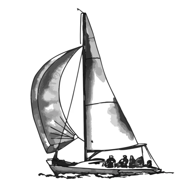 Schip zeiljacht boot antieke vintage antieke zwarte inkt hand tekening vector illustratie — Stockvector