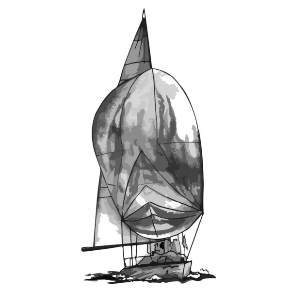 Barco yate de vela barco antiguo vintage tinta negra mano dibujo vector ilustración — Vector de stock