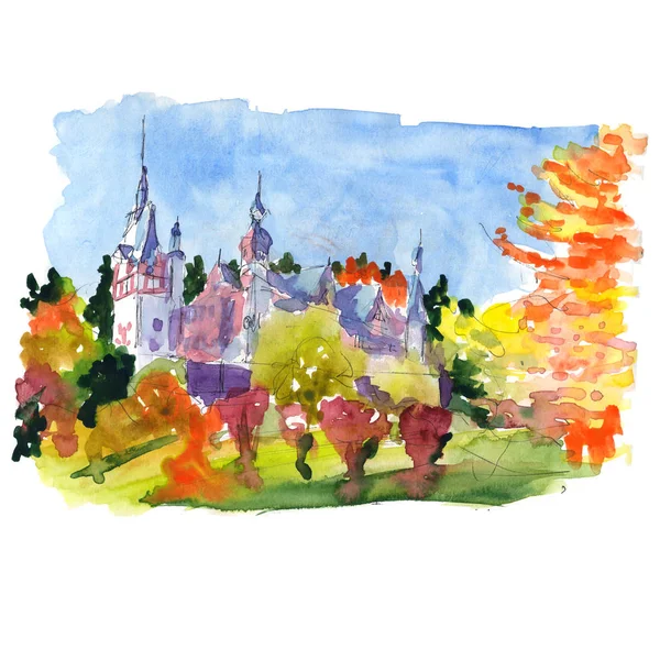 Sketch of a magical fairytale castle in bright autumn - hand-drawn watercolor illustration — Stock Photo, Image