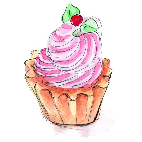 Kuchen: zarte rosa Creme im Sandkorb mit frischen roten Beeren und Blättern - handgezeichnetes Aquarell und schwarze Liner-Illustration — Stockfoto