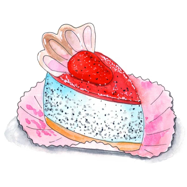 Gâteau gourmand délicat aux fraises, chocolat blanc et graines de pavot - aquarelle dessinée à la main et doublure noire illustration — Photo