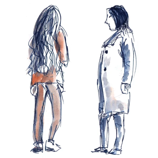 Люди: чоловік і жінка в одязі, швидкий ескіз ззаду з акварельними олівцями - намальована вручну акварельна ілюстрація — стокове фото