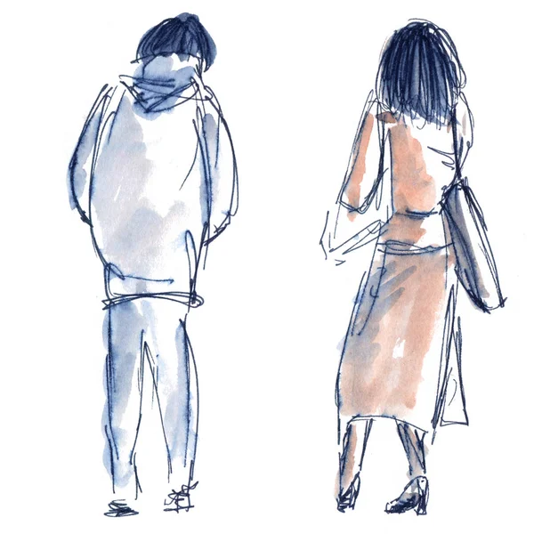 People: man and woman in clothes, quick sketch from the back with watercolor pencils - hand-drawn watercolor illustration — Stock Photo, Image