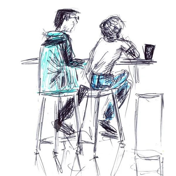 Mensen: een man en een vrouw aan een tafel in een café zitten op stoelen te praten - met de hand getekend illustratie met een zwarte voering en aquarel — Stockfoto