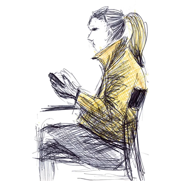 Άνθρωποι: ένας άνδρας και μια γυναίκα σε ένα τραπέζι σε ένα καφέ που κάθεται σε καρέκλες μιλώντας - ζωγραφισμένη στο χέρι εικόνα με μαύρο χιτώνιο και ακουαρέλα — Φωτογραφία Αρχείου