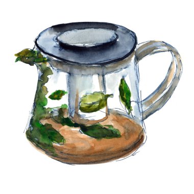 Kalan çayla çaydanlık: modern tarzda bir mutfak malzemesinin hızlı bir taslağı, nane yapraklı çay - suluboya resimlerle çizilmiş