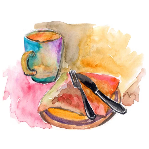 Tasse und Besteck-Set: Schnelle Skizze von Messer und Gabel im modernen Stil - handgezeichnete Aquarell-Illustration — Stockfoto