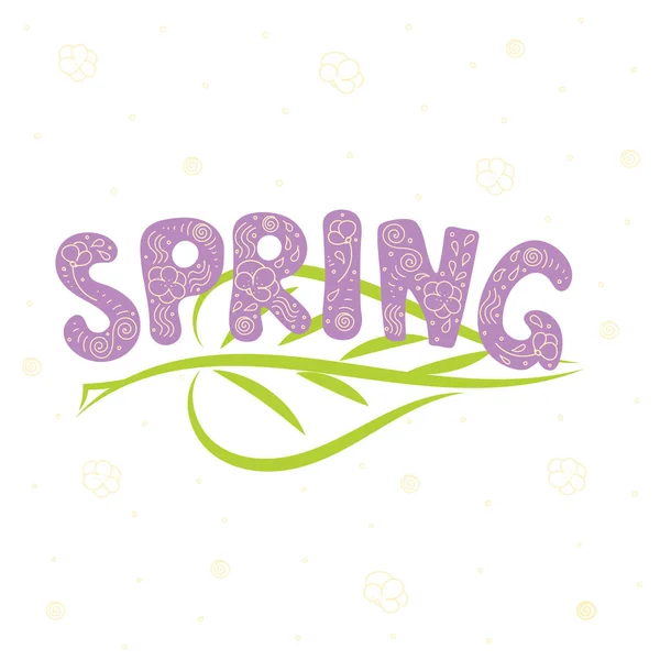 Primavera: lilás lettering design de texto com flores e botões ornamento - ilustração vetor manuscrito — Vetor de Stock