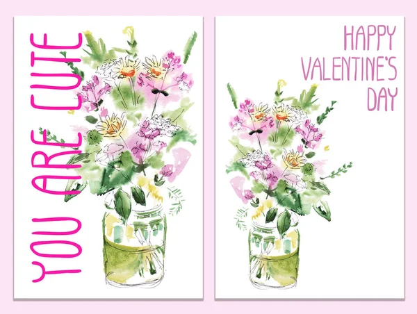 Happy Valentains Day: Ручні ілюстрації для зимових свят: милий напис і букети з польовими квітами, орегано, ізольовані предмети для листівки, фону або листівки. — стокове фото