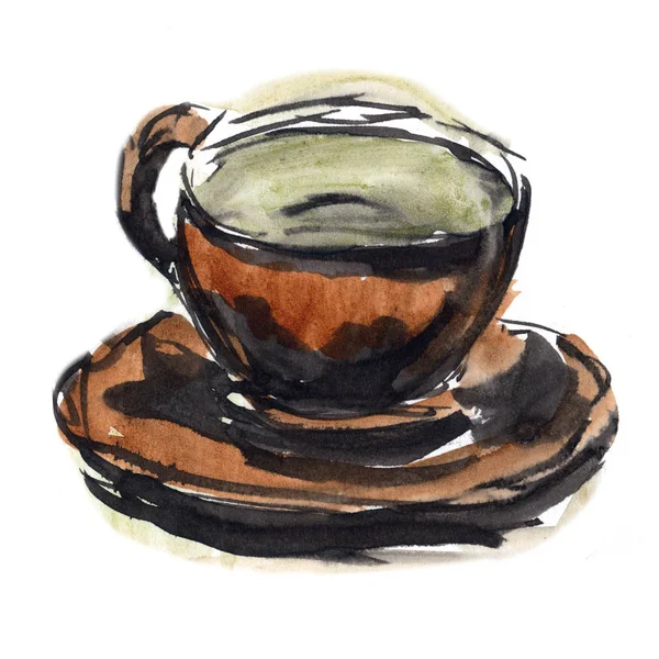 Ceramiczny brązowy kubek na talerzu z zieloną herbatą - ręcznie rysowana ilustracja farb akwarelowych — Zdjęcie stockowe