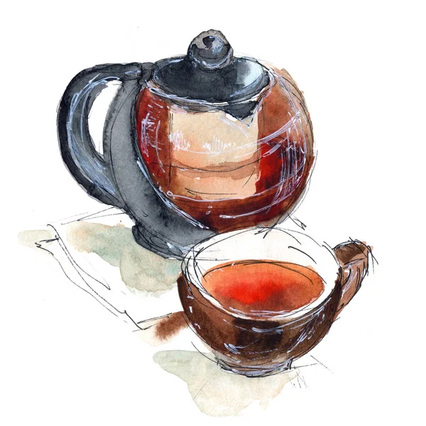 Glas-Teekanne und braune Keramiktasse mit duftendem Tee - handgezeichnete Aquarell-Illustration — Stockfoto