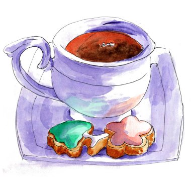 Beyaz fincan çay tabağı ve kremalı kurabiyeler - elle çizilmiş suluboya çizimi