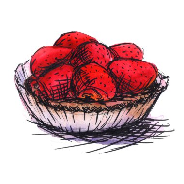 Kremalı ve jöleli kırmızı çilekli kek sepeti - elle çizilmiş suluboya tatlı çizimi