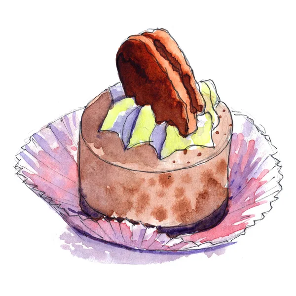 Bolo de nata, musse delicada e biscoitos de macaroon - ilustração a aquarela desenhada à mão de sobremesa — Fotografia de Stock
