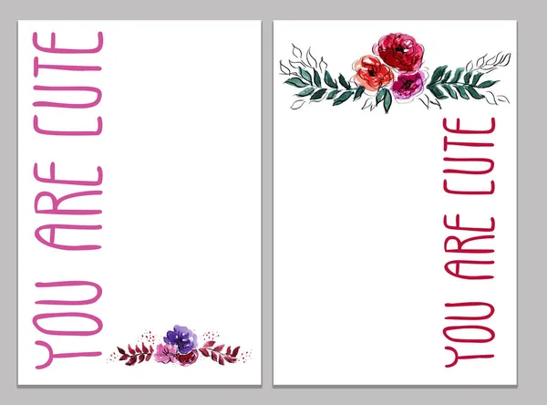 Happy Valentains Day: Hand writing illustrations for the winter holidays: cute lettering and flowers vignette - I love you, you are cute, be mine, isolated objects for a card, background or postcard — Stock Photo, Image