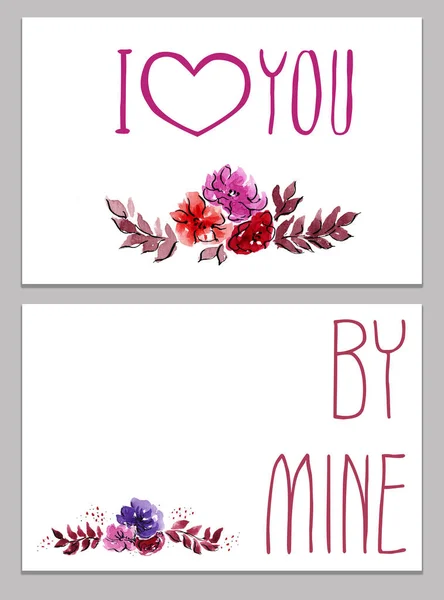 Happy Valentains Day: Hand writing illustrations for the winter holidays: cute lettering and flowers vignette - I love you, you are cute, be mine, isolated objects for a card, background or postcard — Stock Photo, Image